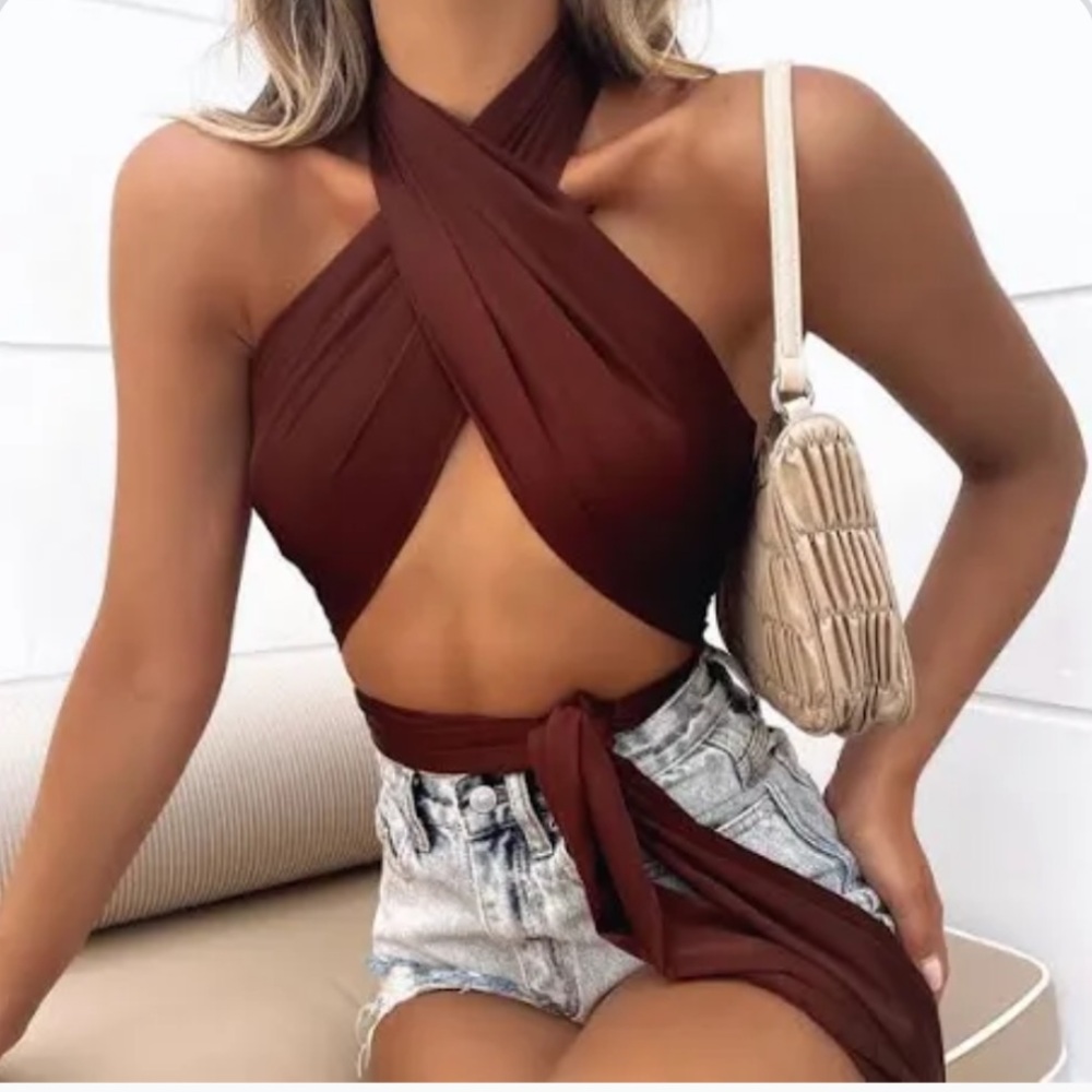 White Fox- chocolate brown scarf wrap top